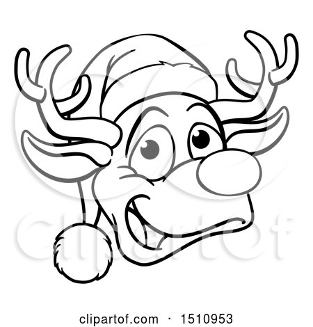 Clipart of a Black and White Happy Reindeer Face Wearing a Christmas Santa Hat - Royalty Free Vector Illustration by AtStockIllustration