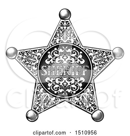 Clipart of a Black and White Vintage Etched Engraved Sheriff Star Badge - Royalty Free Vector Illustration by AtStockIllustration