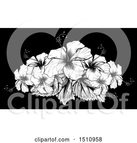 Clipart of a Woodcut Hibiscus Flower Design on Black - Royalty Free Vector Illustration by AtStockIllustration