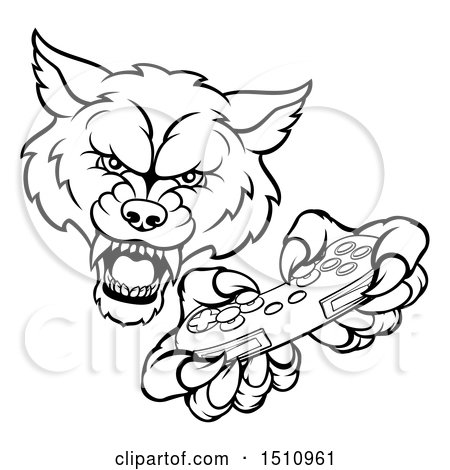 Clipart of a Black and White Wolf Mascot Holding a Video Game Controller - Royalty Free Vector Illustration by AtStockIllustration
