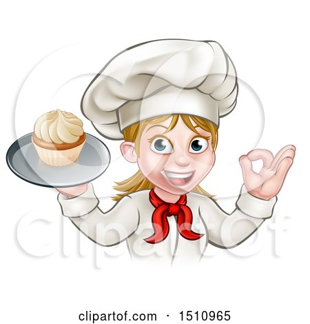 Clipart of a Happy White Female Chef Gesturing Ok and Holding a Cupcake on a Tray - Royalty Free Vector Illustration by AtStockIllustration