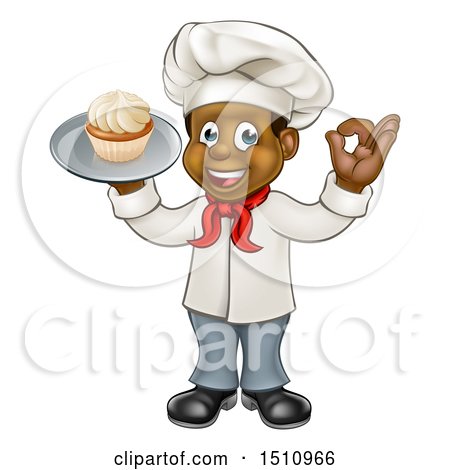 Clipart of a Full Length Happy Black Male Chef Baker Gesturing Ok and Holding a Cupcake on a Tray - Royalty Free Vector Illustration by AtStockIllustration