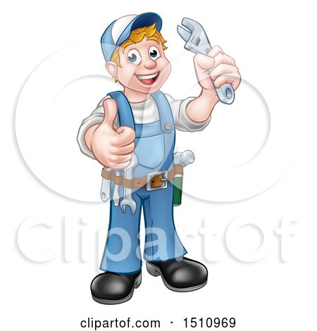 Clipart of a Full Length White Male Plumber Holding an Adjustable Wrench and Giving a Thumb up - Royalty Free Vector Illustration by AtStockIllustration