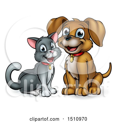Clipart of a Happy Puppy Dog and Cat Sitting - Royalty Free Vector Illustration by AtStockIllustration