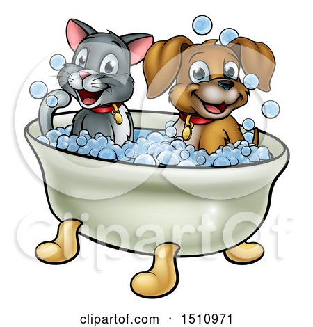 Clipart of a Cartoon Happy Puppy Dog and Cat Soaking in a Bubble Bath - Royalty Free Vector Illustration by AtStockIllustration
