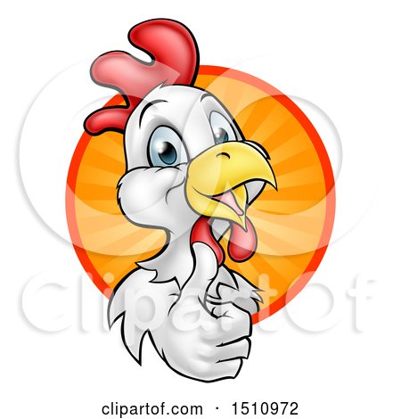 Clipart of a Happy White Chicken or Rooster Giving a Thumb up and Emerging from a Circle of Sun Rays - Royalty Free Vector Illustration by AtStockIllustration
