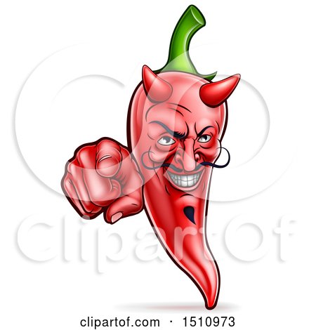 Clipart of a Grinning Devil Red Chile Pepper Mascot Character Pointing Outwards - Royalty Free Vector Illustration by AtStockIllustration