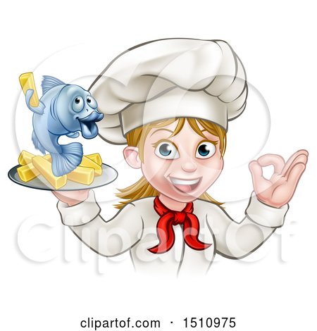 Clipart of a Cartoon Happy White Female Chef Gesturing Perfect and Holding a Fish and Chips Tray - Royalty Free Vector Illustration by AtStockIllustration
