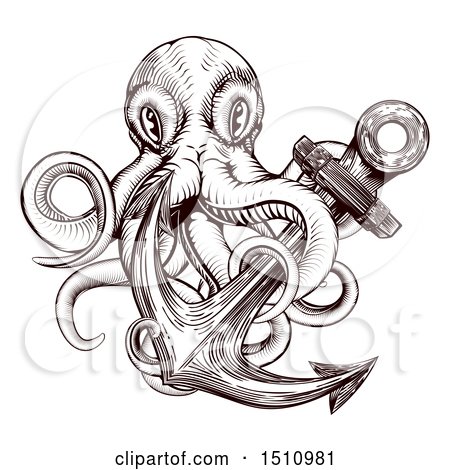 Clipart of a Brown Woodblock Octopus and Anchor - Royalty Free Vector Illustration by AtStockIllustration