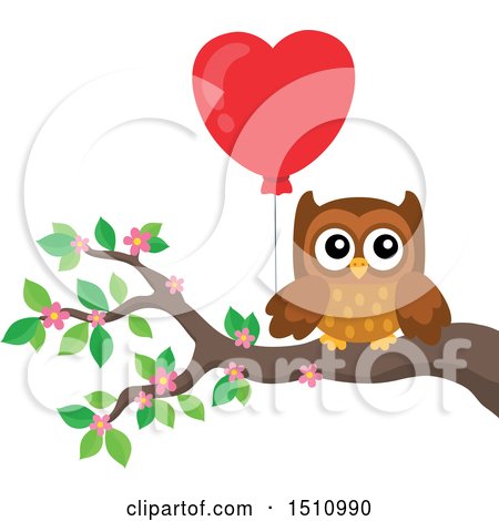 Clipart of a Brown Valentine Owl Holding a Heart Balloon on a Branch - Royalty Free Vector Illustration by visekart