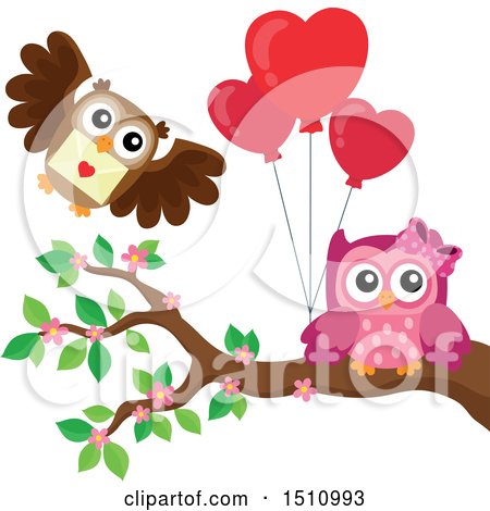 Clipart of a Pink Owl Holding Heart Balloons and Receiving a Valentine - Royalty Free Vector Illustration by visekart