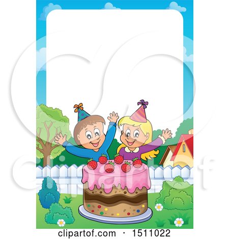 Clipart of a Border of a Boy and Girl Celebrating at a Birthday Party with a Cake - Royalty Free Vector Illustration by visekart