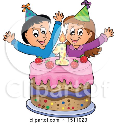 Clipart of a Boy and Girl Celebrating at a First Birthday Party with a Cake - Royalty Free Vector Illustration by visekart