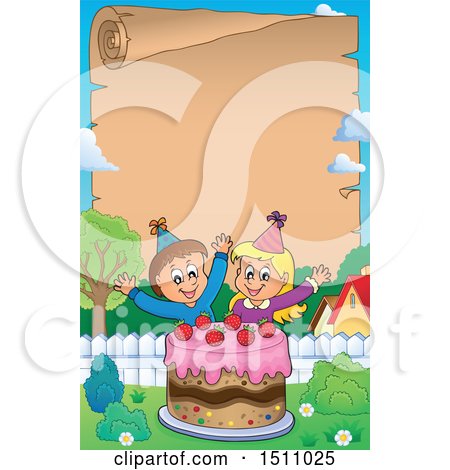 Clipart of a Parchment Scroll Border of a Boy and Girl Celebrating at a Birthday Party with a Cake - Royalty Free Vector Illustration by visekart