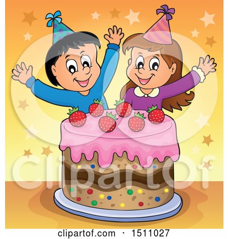 Clipart of a Boy and Girl Celebrating at a Birthday Party with a Cake - Royalty Free Vector Illustration by visekart