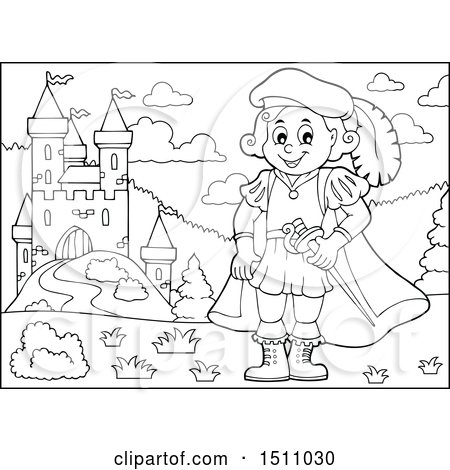 Clipart of a Black and White Fairy Tale Prince near a Castle - Royalty Free Vector Illustration by visekart
