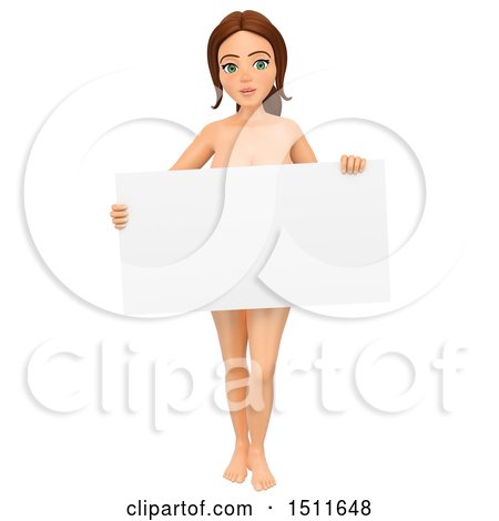 Illustration of a 3d Nude Woman Holding a Blank Sign, on a White Background - Royalty Free Graphic by Texelart