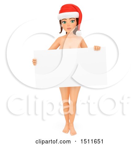 Illustration of a 3d Nude Christmas Woman Wearing a Santa Hat and Holding a Blank Sign, on a White Background - Royalty Free Graphic by Texelart