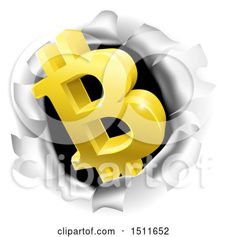 Clipart of a 3d Gold Bitcoin Currency Symbol Breaking Through a Hole in a Wall - Royalty Free Vector Illustration by AtStockIllustration