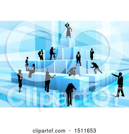 Clipart of a Team of Silhouetted Business Men and Women Assembling a Pyramid of 3d Blue Cubes, on Blue - Royalty Free Vector Illustration by AtStockIllustration