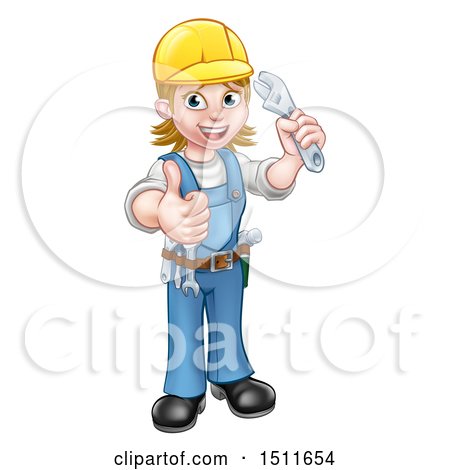Clipart of a Full Length Happy White Female Mechanic Wearing a Hard Hat, Holding up a Wrench and Giving a Thumb up - Royalty Free Vector Illustration by AtStockIllustration
