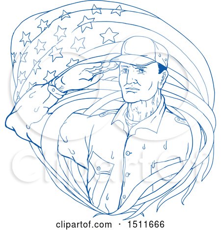 Clipart of a Blue Sketched Soldier Saluting Under an American Flag - Royalty Free Vector Illustration by patrimonio