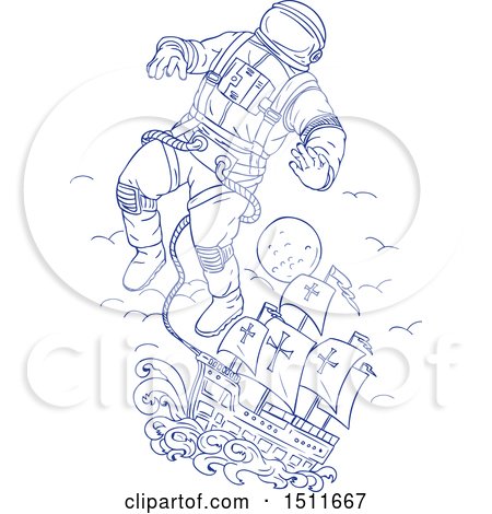 Clipart of a Blue Sketched Astronaut Tethered to a Ship - Royalty Free Vector Illustration by patrimonio