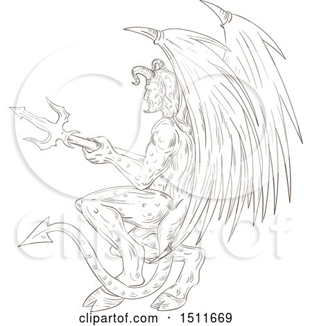 Clipart of a Sketched Winged Demon Holding a Trident - Royalty Free Vector Illustration by patrimonio