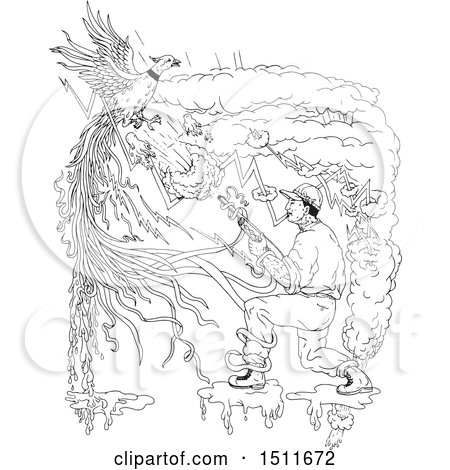 Clipart of a Sketched Hunter Shooting a Ring Necked Pheasant - Royalty Free Vector Illustration by patrimonio