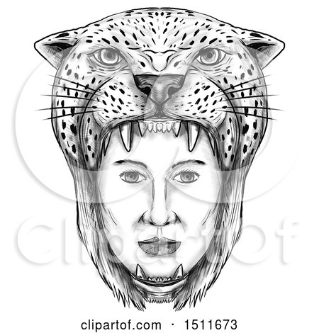 Clipart of a Sketched Amazon Warrior Face with a Jaguar Headdress, on a White Background - Royalty Free Illustration by patrimonio