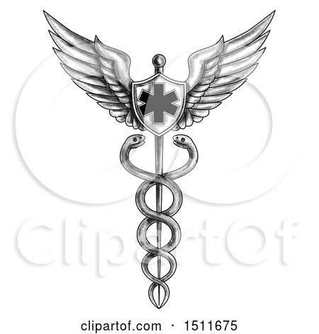 Clipart of a Sketched Pilot Wings and Snake EMT Caduceus Staff, on a White Background - Royalty Free Illustration by patrimonio
