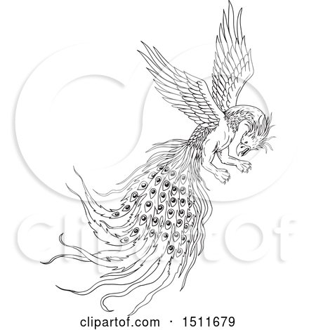 Clipart of a Sketched Flying Simorg Bird - Royalty Free Vector Illustration by patrimonio