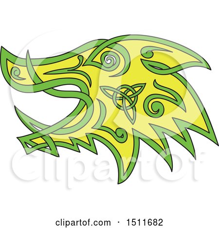 Clipart of a Green and Yellow Celtic Knot Styled Boar Head in Profile - Royalty Free Vector Illustration by patrimonio
