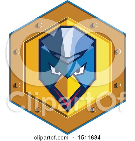 Clipart of a Blue Cyber Punk Chicken Face in a Golden Shield - Royalty Free Vector Illustration by patrimonio