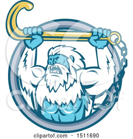 Clipart of a Strong Yeti Holding up a Towing J Hook in a Circle - Royalty Free Vector Illustration by patrimonio