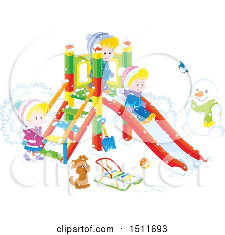 Clipart of a Puppy Dog and Children Playing on a Winter Playground - Royalty Free Vector Illustration by Alex Bannykh