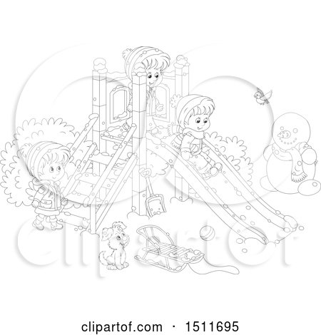 Clipart of a Black and White Puppy and Children Playing on a Winter Playground - Royalty Free Vector Illustration by Alex Bannykh