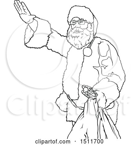 Clipart of a Black and White Christmas Santa Holding a Sack and Waving - Royalty Free Vector Illustration by dero