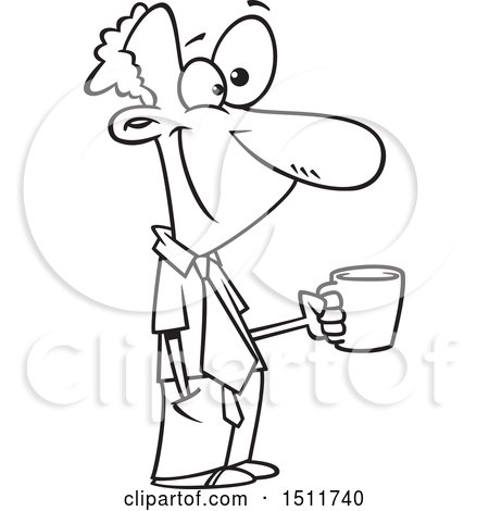 Clipart of a Cartoon Black and White Happy Business Man Taking a Coffee Break - Royalty Free Vector Illustration by toonaday