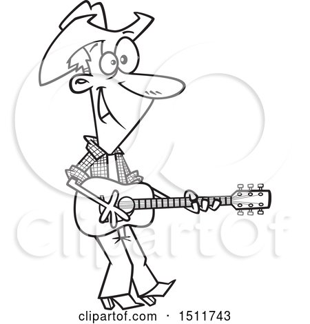 Clipart of a Cartoon Black and White Male Country Singer Cowboy Playing a Guitar - Royalty Free Vector Illustration by toonaday