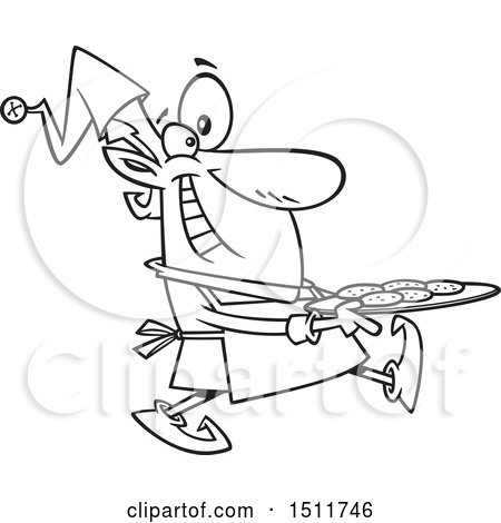 Clipart of a Cartoon Black and White Male Christmas Elf Carrying a Tray of Cookies - Royalty Free Vector Illustration by toonaday