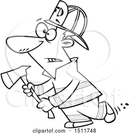 Clipart of a Cartoon Black and White Male Fire Fighter Holding an Axe - Royalty Free Vector Illustration by toonaday