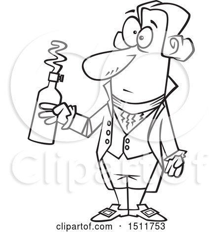 Clipart of a Cartoon Black and White Man, Antoine Lavoisier, Holding a Bottle - Royalty Free Vector Illustration by toonaday