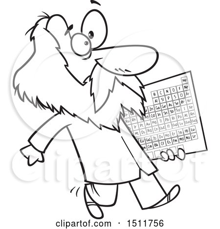 Clipart of a Cartoon Black and White Man, Dmitri Mendeleev, Carrying the Periodic Table of Elements - Royalty Free Vector Illustration by toonaday