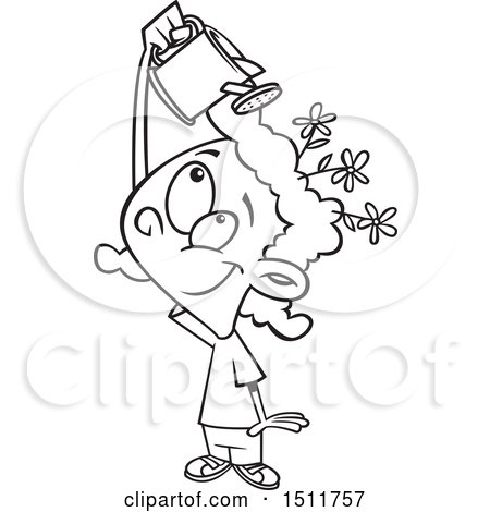 Clipart of a Cartoon Black and White Girl Watering Flowers on Her Head, Mind Growth - Royalty Free Vector Illustration by toonaday