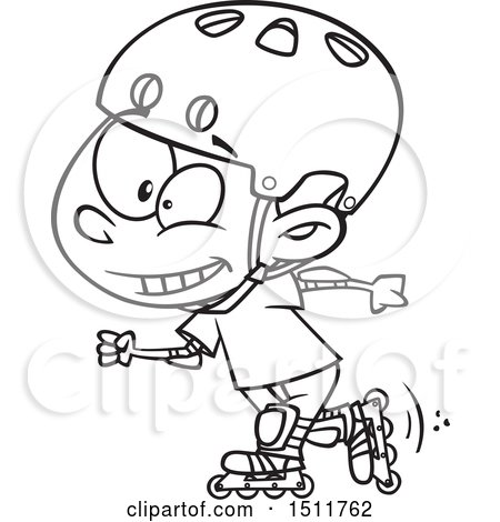 Clipart of a Cartoon Black and White Boy Roller Blading - Royalty Free Vector Illustration by toonaday