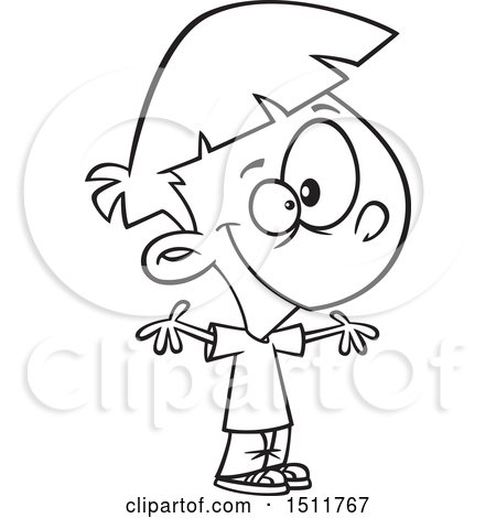 Clipart of a Cartoon Black and White Welcoming Boy with Open Arms - Royalty Free Vector Illustration by toonaday