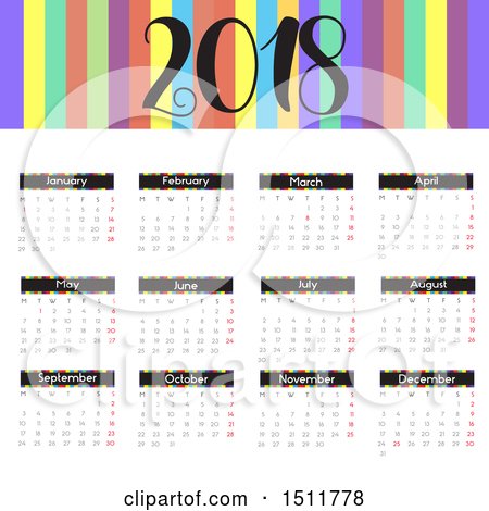 Clipart of a Colorful 2018 Calendar - Royalty Free Vector Illustration by KJ Pargeter