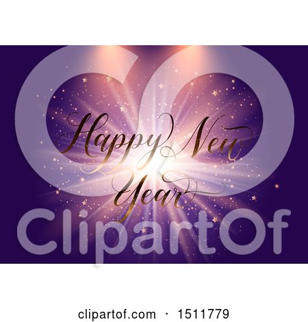 Clipart of a Happy New Year Greeting over a Purple Burst - Royalty Free Vector Illustration by KJ Pargeter