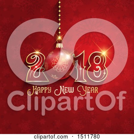 Clipart of a Happy New Year 2018 Greeting over Snowflakes on Red - Royalty Free Vector Illustration by KJ Pargeter